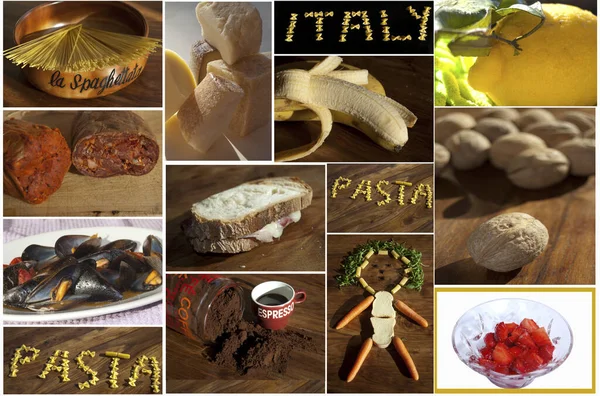 Śródziemnomorska Dieta Zdrowie Włoskie Jedzenie Kolaż Fotograficzny — Zdjęcie stockowe