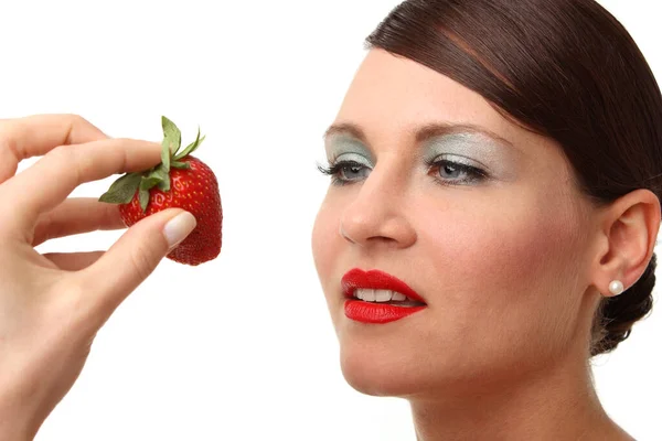 Mujer Retrato Cara Rojo Fresa Fruta Fruta Alimentación Saludable Saludable — Foto de Stock