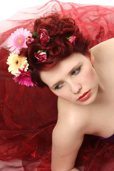 Frau Mädchen Blumenmädchen Blumen Gerbera Rose Rot Rosa Gesicht Portrait — Stockfoto