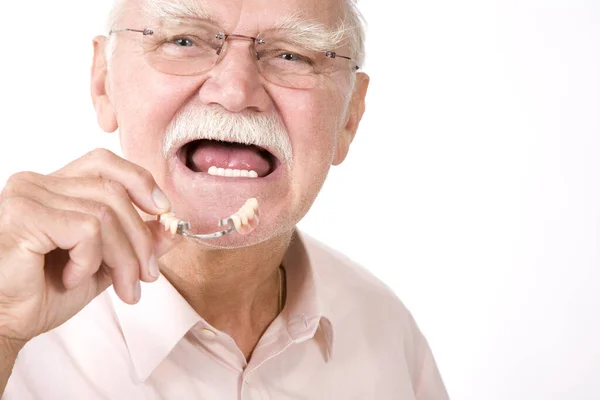 Senior Man Med Tandborste Vit Bakgrund — Stockfoto
