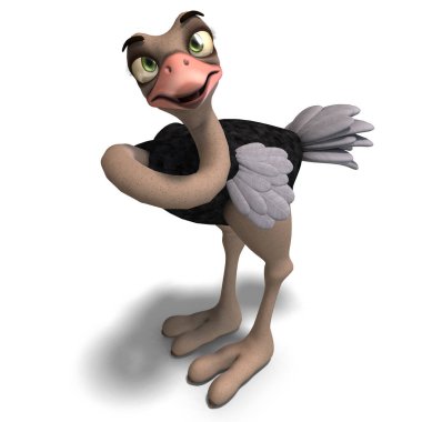 cute toon ostrich gives so much fun. 3D rendering with clipping path and shadow over white clipart