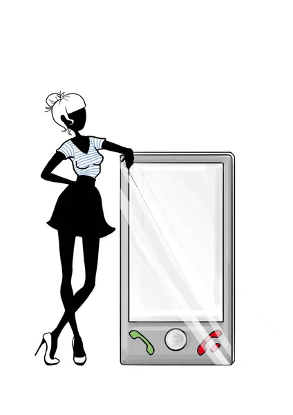 Kobieta Stojąca Wielkim Smartfonem — Zdjęcie stockowe