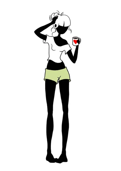 Woman Morning Holding Coffee Tea Cup Waking Awakening — Stockfoto