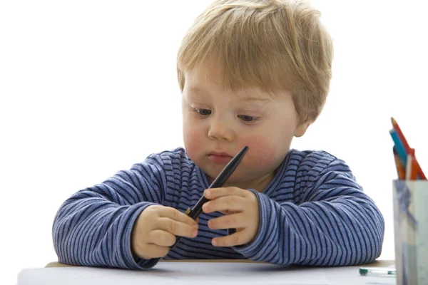 Menino Com Caneta Fundo Branco — Fotografia de Stock