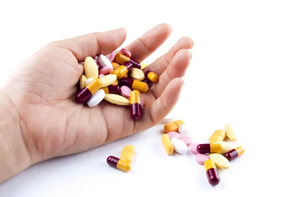 Tangan Dengan Obat Obatan Diisolasi Pada Latar Belakang Putih — Stok Foto