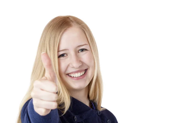 Jonge Mooie Blonde Vrouw Met Lachende Duimen Geïsoleerd Witte Achtergrond — Stockfoto