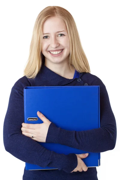 Gelukkige Mooie Jonge Vrouw Draagt Map Geïsoleerd Witte Achtergrond — Stockfoto