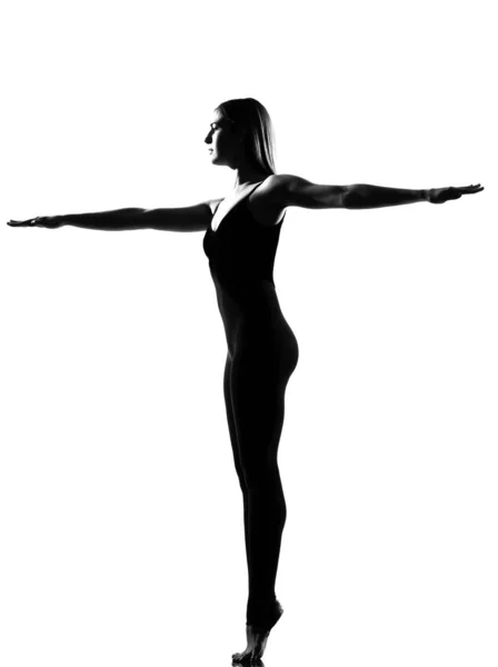 Hermosa Caucásica Mujer Alta Bailarina Ballet Pie Pose Largo Estudio —  Fotos de Stock