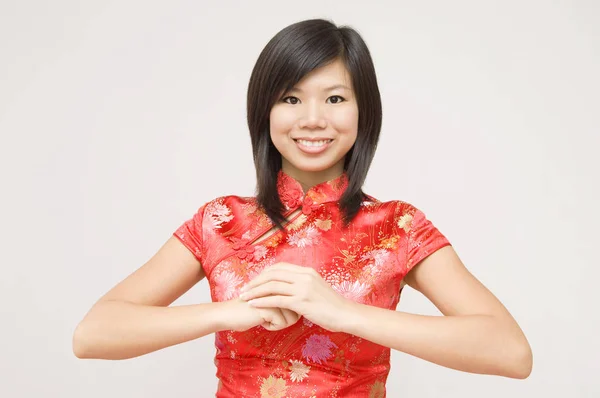 Ragazza Orientale Augurandovi Felice Anno Nuovo Cinese — Foto Stock