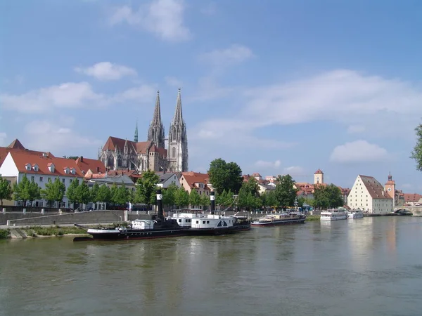 Cathédrale Regensburg Avec Vieille Ville Bateau Musée Premier Plan — Photo