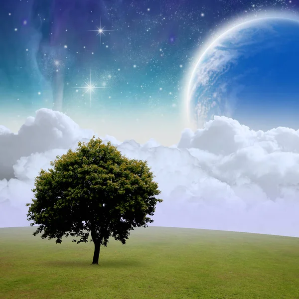 Uma Paisagem Fantasia Com Árvore Nuvens Estrelas Planeta — Fotografia de Stock