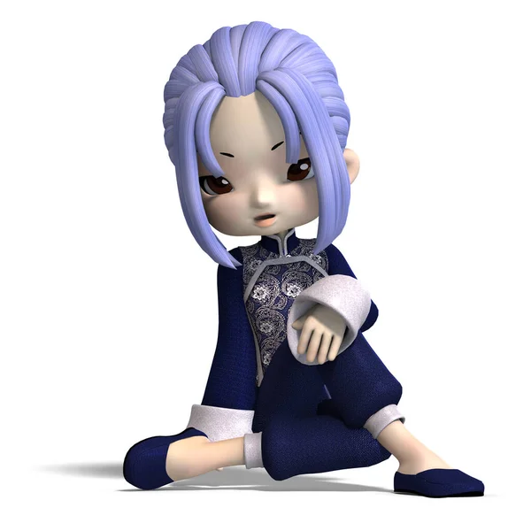 Charming China Cartoon Figure Dark Blue Clothes Rendering Clipping Path — Stock Photo, Image