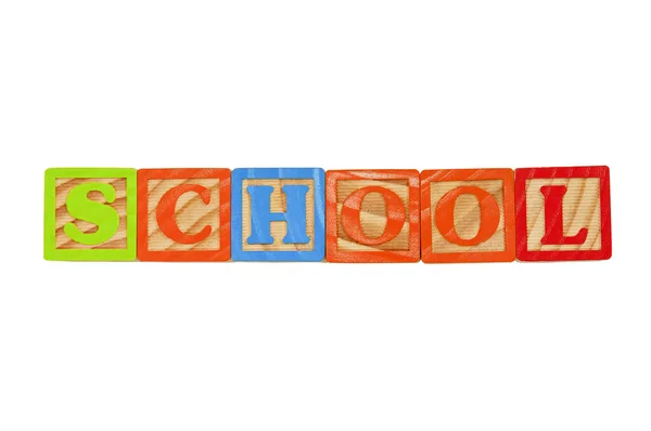 Kinder Alphabetblöcke Buchstabieren Das Wort Schule Großbuchstaben — Stockfoto