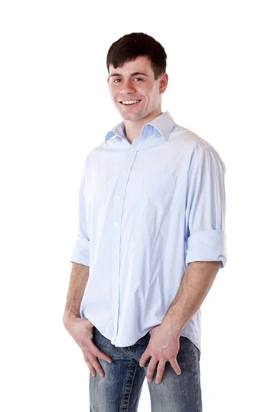 Young Attractive Man Laughing Happily Camera Isolated White Background — kuvapankkivalokuva