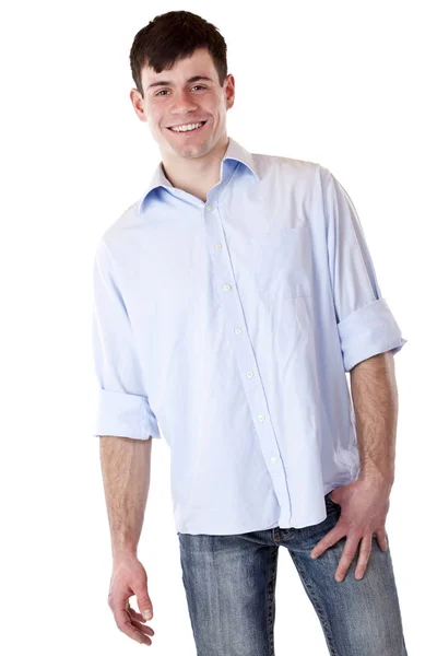 Young Attractive Man Laughing Happily Camera Isolated White Background — Stock Photo, Image