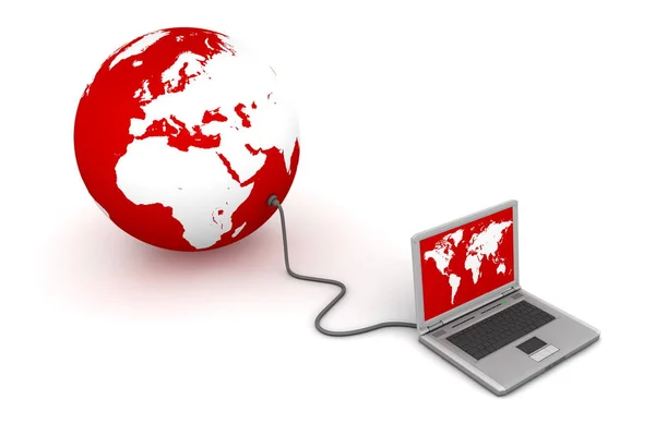 Laptop Wired Red Globe White Land Red Ocean — Stock Photo, Image