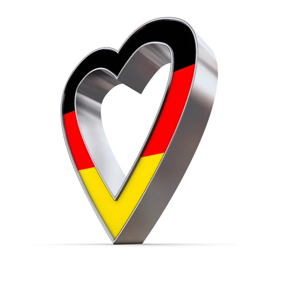 Błyszczące Metaliczne Serce Srebrnej Chromowo Przedniej Powierzchni Pokazuje Niemiecką Flagę — Zdjęcie stockowe