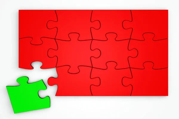 Piros Puzzle Egy Külön Zöld Darab Mellette Felülnézet — Stock Fotó