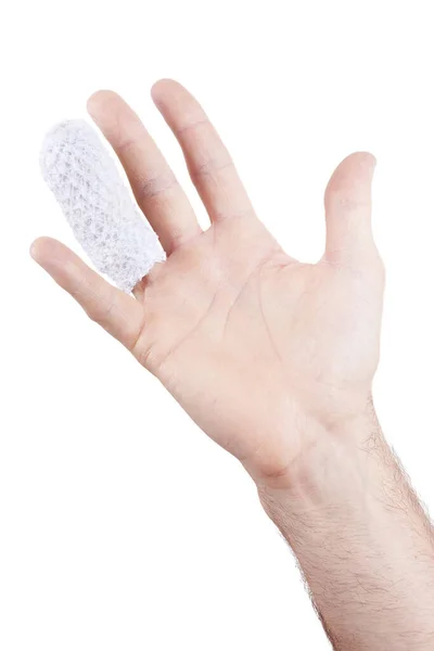 Verletzter Und Gewickelter Finger Und Hand Isoliert Auf Weißem Hintergrund — Stockfoto