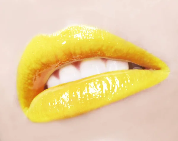 Sexy Kobieta Usta Żółty Makijaż Połysk — Zdjęcie stockowe