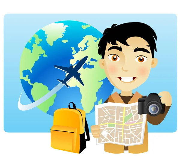 Young Man Travelling World Map Camera — Stok fotoğraf