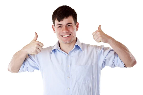 Young Businessman Holds Both Thumbs Smiles Kamera Freigestellt White Surface — 图库照片