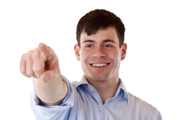 Young Happy Man Pointing Forefinger Isolated White Background — Stok Foto