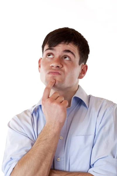 Joven Atractivo Hombre Reflexivo Mirando Hacia Arriba Aislado Sobre Fondo — Foto de Stock