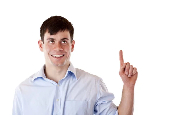 Young Attractive Man Laughing Finger Copy Space Isolated White Background — Stockfoto