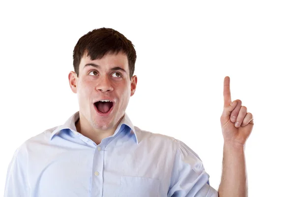 Excited Surprised Young Man Shows Looks Isolated White Background — Stok fotoğraf