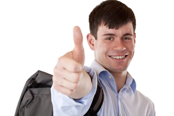 Happy Laughing Student Backpack Showing Thumbs Isolated White Background — Stok fotoğraf