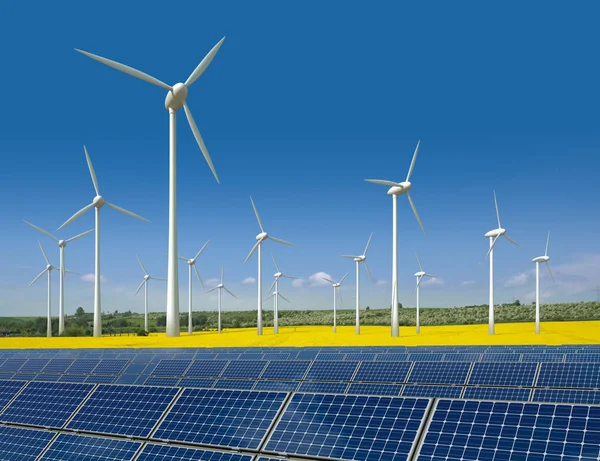 Větrné Elektrárny Solární Panely Řepkovém Poli — Stock fotografie