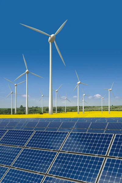 Windmolens Zonnepanelen Een Gebied Van Koolzaad — Stockfoto