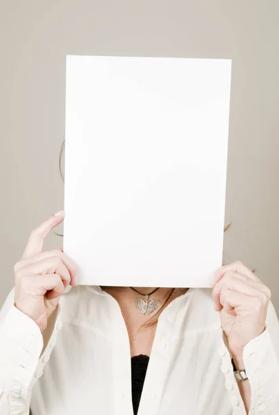 Concealed Small Screen Face Mature Woman Torso Portrait — Stock Photo, Image