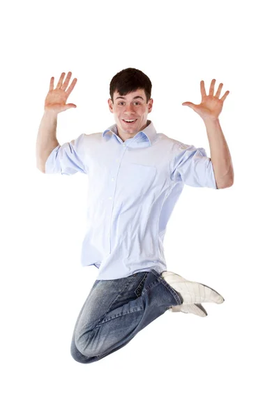 Joven Dinámico Deportista Hombre Está Saltando Feliz Aire Aislado Sobre — Foto de Stock