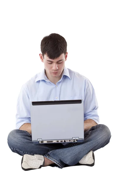 Young Handsome Man Sits Computer Writes Maill Isoliert White Surface — Stock Photo, Image