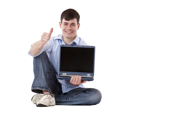 男人展示电脑显示器和大拇指 — 图库照片