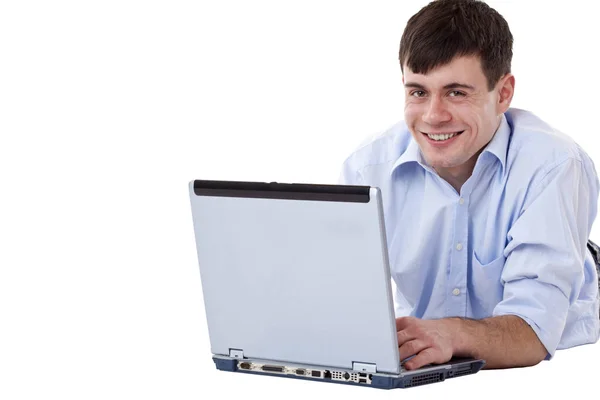 Jonge Aantrekkelijke Man Met Computer Grond Geïsoleerd Witte Achtergrond — Stockfoto
