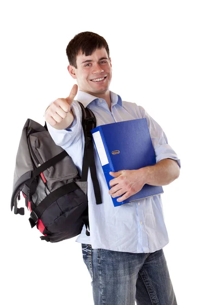 Jonge Succesvolle Gelukkige Student Die Duimen Laat Zien Geïsoleerd Witte — Stockfoto