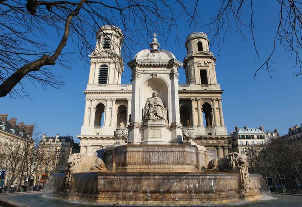 Brunnen Von Saint Sulpice 1844 Erbaut Und Die Kirche Saint — Stockfoto