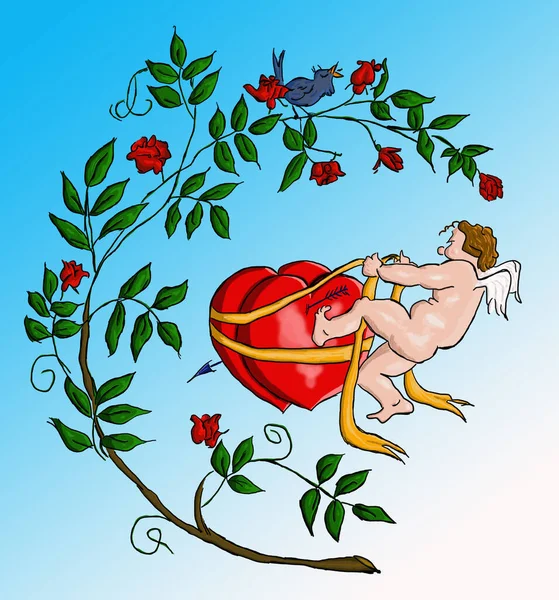 Cupido Verbindt Harten Onder Rozenkrans Illustratie — Stockfoto