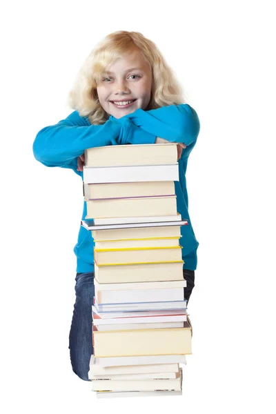 Young Pretty Girl Leaning Pile Books Smiles White Background Zufrieden — Stok fotoğraf