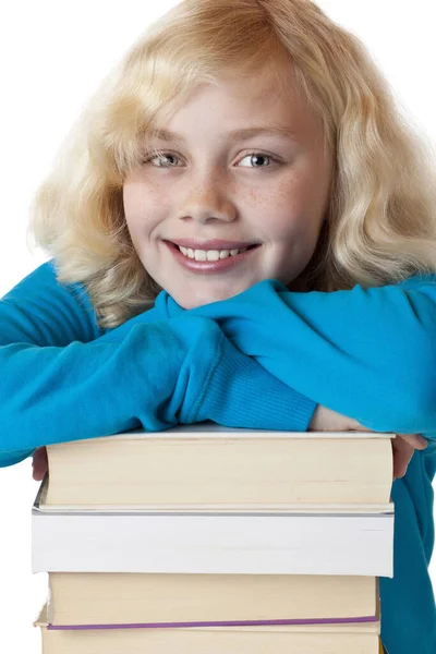 Encubrimiento Una Joven Guapa Una Pila Libros Lehnt Isoliert Sobre — Foto de Stock