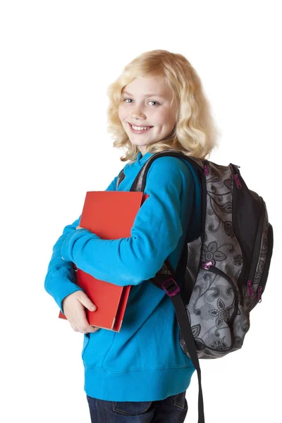 Blonde Young Pretty Girl School Bag Wallet Smiling Kamera Isoliert — Stock Photo, Image