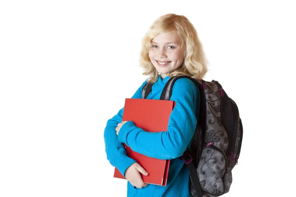 Porträt Einer Hübschen Blonden Schülerin Mit Schultasche Und Rucksack Isoliert — Stockfoto