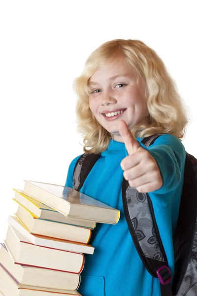 Blonde Pretty Young Girl Books Holding Thumbs Hoch Isoliert White — Stock Photo, Image