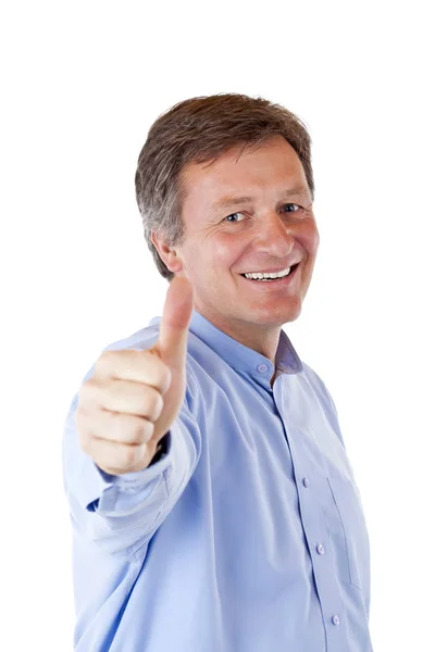 成功的 有魅力的 成熟的 快乐的男人竖起大拇指 在白色背景上隔离 — 图库照片