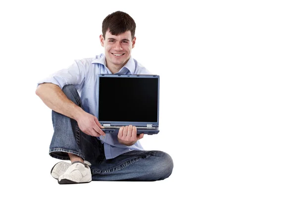 Young Attractive Man Holding Laptop Empty Display Space Your Advertising Royalty Free Stock Images