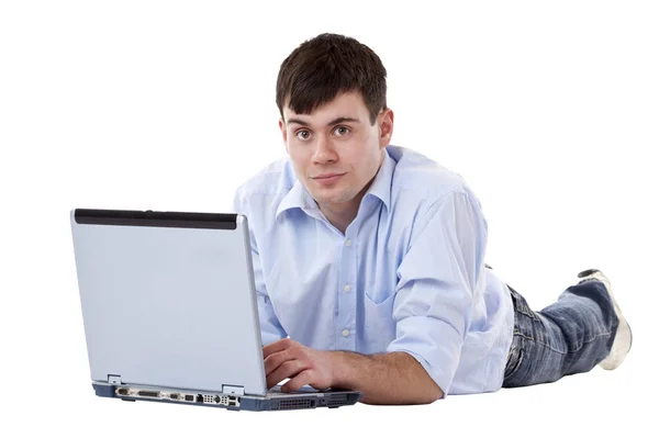 Mladý Atraktivní Muž Dole Přepsán Počítače Izolované Bílém Pozadí Stock Fotografie