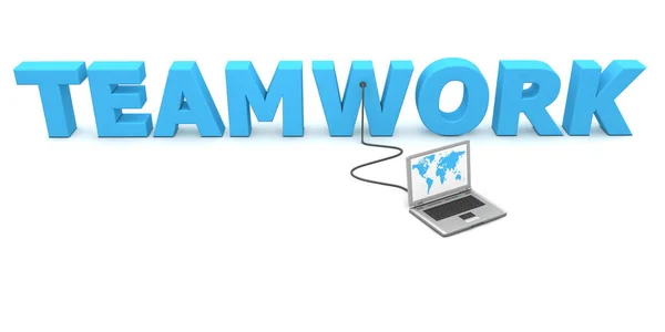 Ноутбук Картой Мира Подключен Трехмерному Слову Teamwork — стоковое фото